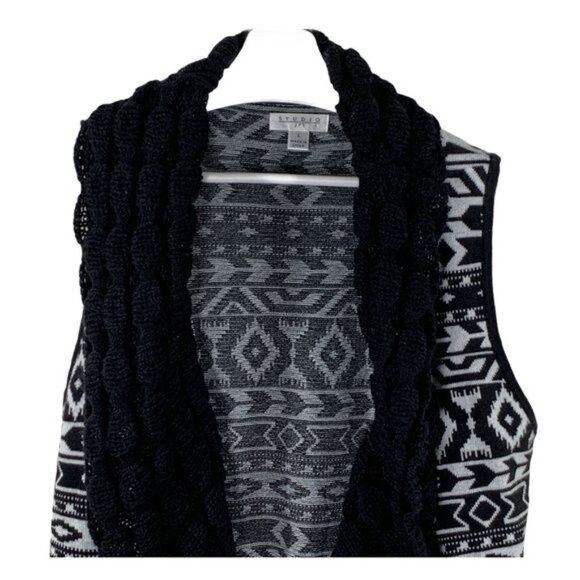 John Paul Richard Studio Chunky Knit Cardigan Vest L Black White Fall - Picture 2 of 10